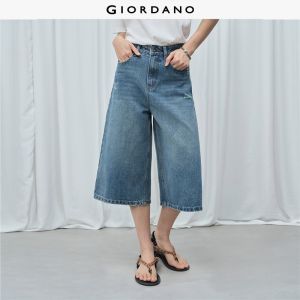Giordano Women Washed denim wide leg cropped jeans Free Shipping 18426605