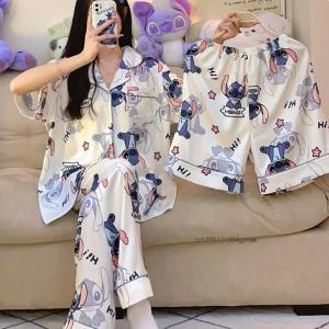 3Pcs Anime Disney Stitch Pajamas Womens Summer Cute Casual Home Short-Sleeved Trousers Loungewear Student Womens Pajamas Set