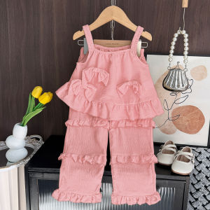 Bear Leader Korean Clothes Sets for Baby Girl Solid Color Sports Suit Plain Bow Decoration Suspenders Tops and Pants 2 Pieces Suits Summer Ruffle Kids 3 To 7 Years Wear