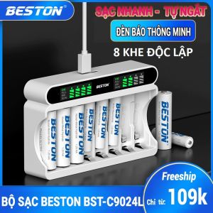 Bộ Sạc pin AA AAA Beston C9024L 8 khe mẫu mới 2022 sạc nhanh tự ngắt khi đầy đèn LED báo thông minh pin micro remote (bán sạc riêng pin riêng tùy chọn nhiều dung lượng)