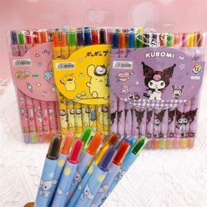 12Pcs Sanrio Graffiti Pen Set Kawaii Kuromi My Melody Cinnamoroll Rotating Scalable Colored Crayon Childrens Drawing Marking Pen Student Pink Pencil Gift