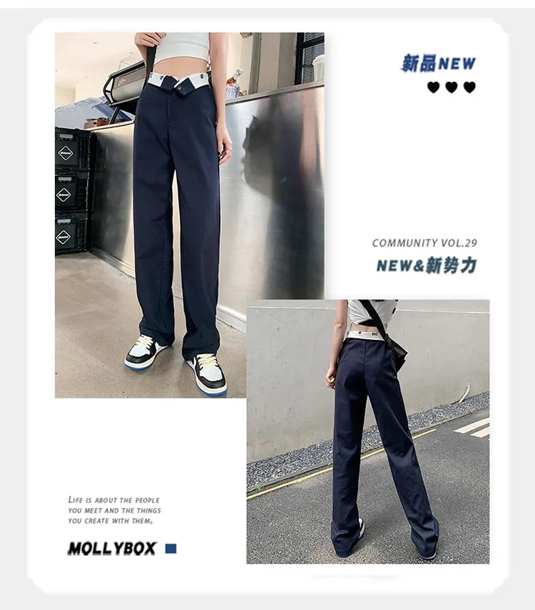 Ready Stock-Jielur Hit Color High Waist Pants Women Pockets Loose High  Street Straight Pants Summer Navy Blue Khaki Trousers Female S-XL