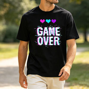 GAME OVER Pixel Hearts Summer Men Cotton T-Shirts Pink Cyan Purple Pixel Hearts Print Retro Arcade Gaming Holiday Apparel
