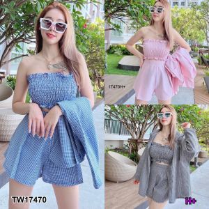 TW17470 Set 3 ชิ้น เสื้อเชิ้ตแขนยาวลายสก็อต + เกาะอก + กางเกงขาสั้นลายสก็อต