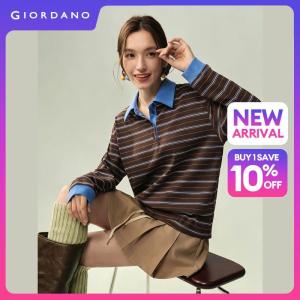 GIORDANO Women Polo Shirts Contrast Trim Striped Polo Shrits Long Sleeve Fashionable Casual Relaxed Polo Shirts 18316802