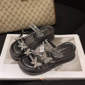 2025 Summer New Casual Fashion Round-Toe Rhinestone Sandals With Skirt Thick-Soled Slippers For Women To Wear Outside