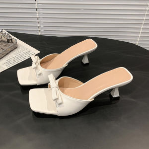 [Free Shipping] 2025 Summer Korean Style Square Toe Open-Toe Solid Color Bowknot Thin Heel Simple Versatile Womens High-Heel Sandals