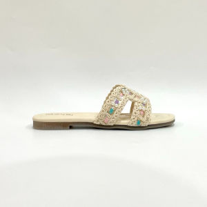 BREVINNI Fleuria Slip On Sandals || Sandal Flat Kasual Wanita || Sandal Flat Wanita || Sandal Renda || Sandal Teplek Wanita || Pearl Collection || Sandal Mutiara Renda Premium Wanita