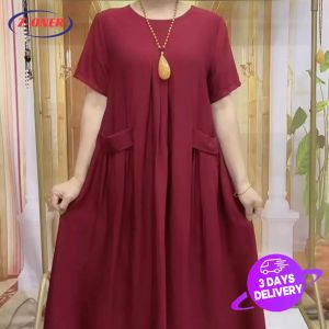 Z-ONER Vintage Dresses for Women Solid Color Short Sleeve Dress Ladies Skirts