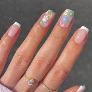 24 Pcs Colorful Flowers False Nail French Tip Artificial Nail Full Cover Stick on Nail Short Square Press On Nail