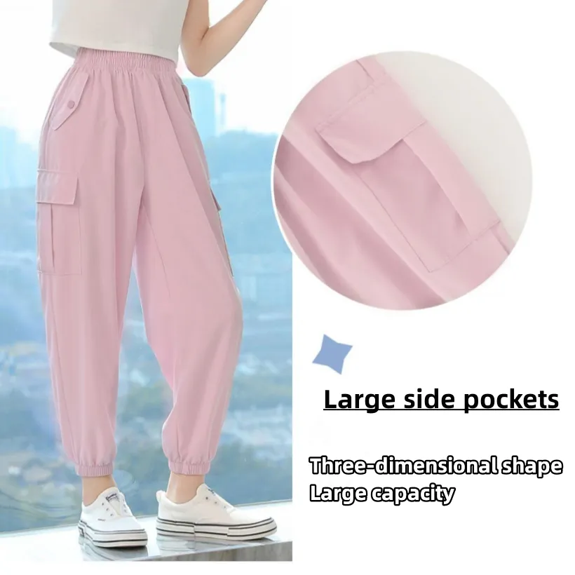 Summer Pants Wide Leg for Kids Girls 7-16 Years Old Casual Ice Silk Cargo Pants  Trousers Elasticated Waist Loose Pants 4 Pocket Cargo Baggy Pants New Pants  Aesthetic Korean Style130-160CM