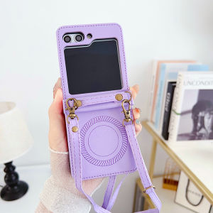 Leather Magsafe Magnetic Sling Case Full Coverage Casing For Samsung Galaxy Z Flip5 Z Flip6 Case Z Flip3 5G Case Crossbody Strap Ribbon Protect Hinge Shock Resistant Lanyard Slim Thin Z Flip 5 Case Wireless Charging Cover
