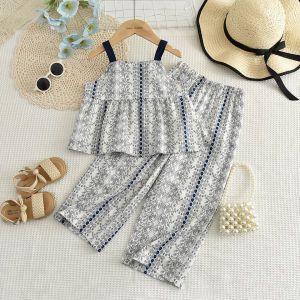 Bear Leader Kids Clothes Outfits Girls Sets Summer 2025 New Flower Printing Camisole Top and Long Pants Two Pieces Clothing Suits Baby Girls Retro Casual Wear Childrens Costumes