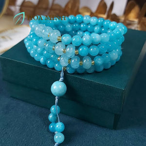 Vòng chuỗi 108 hạt đá Mã Não màu xanh thiên thanh size hạt 6.5 li phối xen kẽ viên bánh xe phong thủy bình an may mắn | Hoa Minh Gem