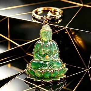 Fortune and Good Luck Keychain Gift 已开光 招财钥匙扣礼物 新中式绿玉髓大日如来钥匙扣 轻奢金边莲花座汽车挂件男女礼品吊