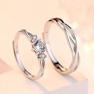 2pcs Promise Couple Ring Zirconia Ring Couple Finger Ring Adjustable Crystal Wedding Rings with Box