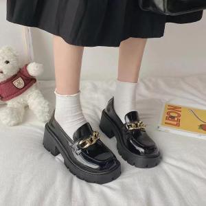 Mary Jane shoes Loafers shoes leather school shoes for women thick soled shoes with Metal chain Footwear Walking Shoes Girl Stylish