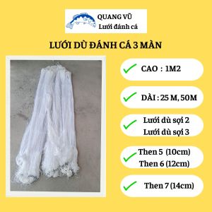 Lưới dù bắt cá sông 3 màn siêu bền đánh bắt cá rô phi chép trắm từ cá vừa đến cá to 6 kg CAO 1M2 DÀI 25M 50M mắt lưới sợi 2 sợi 3 then 5 (10cm) then 6 (12cm) then 7 (14cm) thả ở sông hồ ao suối . giá bán tốt .trên thị trường ạ