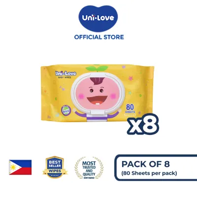 UniLove Powder Scent Baby Wipes 80s Pack of 8 - 99% Water| Hypoallergenic | Alcohol Free | No harmful chemicals | with Aloe Vera | Safe & Gentle | FDA Approved