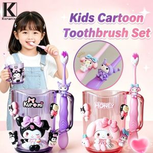 Keranixy Kids Cartoon Toothbrush Rinse Cup Set Mouthwash Mug Tooth Brush Brushing Set for Children Aged 3-12