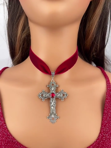 สร้อยคอจี้ไม้กางเขนเพชรเทียมกอธิคย้อนยุค Velvets Choker สร้อยคอสายสั้นสร้อยคอของขวัญ
