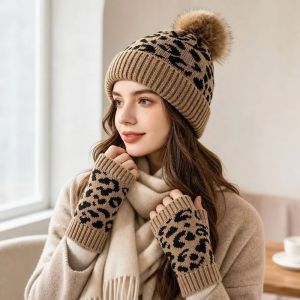 COUPLECOL 2Pcs/Set Leopard Print Hat Gloves Set Soft Thickened Knitted Beanie Simple Mittens Pullover Hat Women