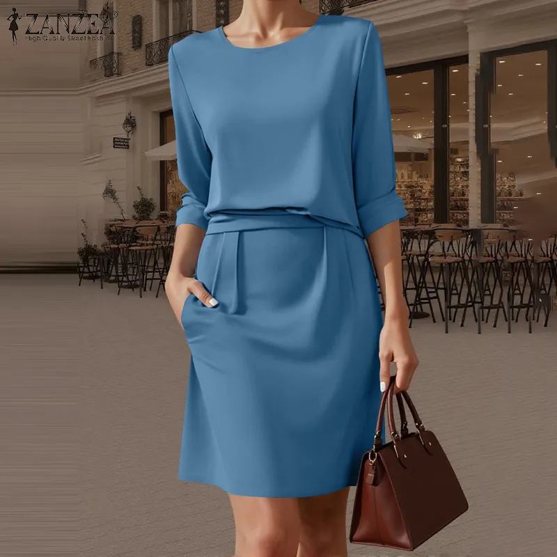 ZANZEA Women Summer O Neck Dresses Half Sleeve Straight Pleated Knee Length  Solid Dress #0407
