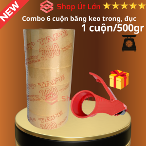 Combo 6 cuộn băng keo trong đục 500gr kèm dao cắt băng keo mỗi cuộn nặng 500gr rộng 47cm lõi giấy 5mm1 cây 6 cuộn