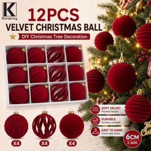 Keranixy 12Pcs Velvet Flocked Christmas Ball Ornaments 6cm Plastic Hanging Tree Decor DIY Red White Set
