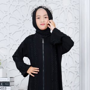 Gamis Syari Anak Perempuan Zippers Mutiara Hitam - Baju Muslimah Elegan untuk Usia 6-10 Tahun