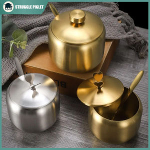 Sugar Bowl Seasoning Jar Stainless Steel Spoon Lid Large Capacity Kitchen Counter Storage