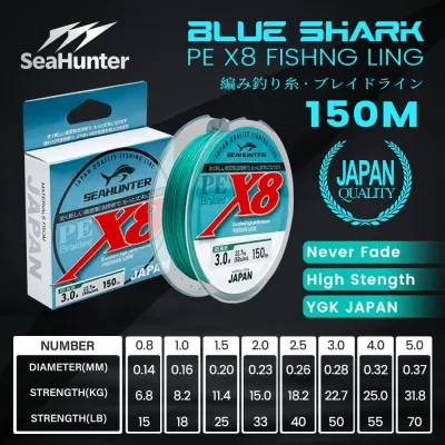 SeaHunter Blue Shark PE X8 Tali Pancing 8 Braided Multifilament 100M/150M/300M 15-70LB Smooth Durable Fishing Line