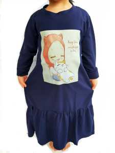 GAMIS ANAK PEREMPUAN PAKAIAN MUSLIM UMUR 1-10 TAHUN KAKI KERUT PRINTING KUCING LOVE