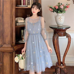 IELGY french sweet crew neck mesh neck waist dress for women