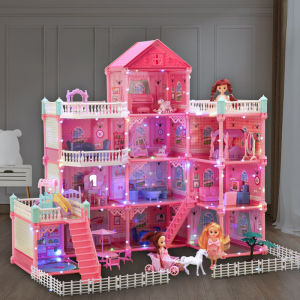 Princess Castle Dollhouse Building Playset Pink Princess Castle Playhouse with Dolls Furniture Accessories Pretend Play Dreamhouse Toys