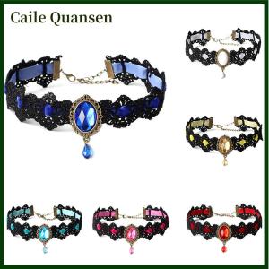 Caile สร้อยคอลูกไม้สีดำคอปกสร้อยคอกำมะหยี่คริสตัลแบบกอธิควินเทจจี้โซ่