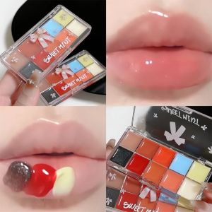 BEAUTYLADIES Longlasting Jelly Lip Gloss Palette DIY Mixing Lip Color 10 Color Glass Mirror Lip Glaze Natural Colorful Moisturizing Lipstick Palette Girls