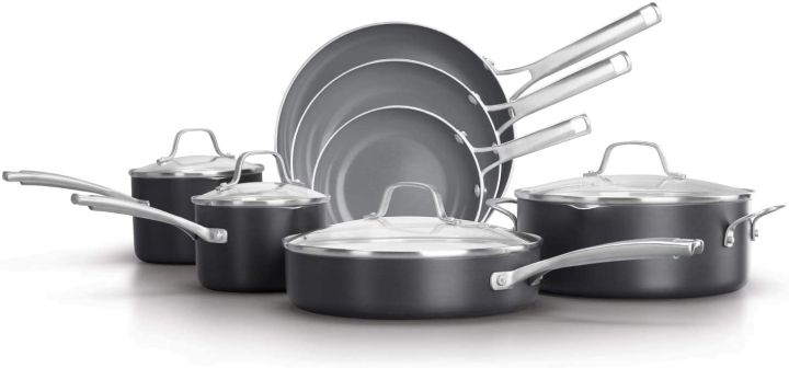 Calphalon Classic Oil-Infused Ceramic PTFE and PFOA Free Cookware, 11 Piece Frying Fry Pan Saucepan Cooking Pots and Pans Cookware Set, Dark Gray. WORKS ON INDUCTION HOB COOKER