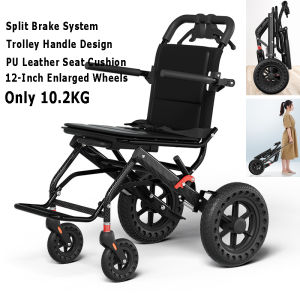 (SG STOCK) Lightweight Folding Wheelchair Portable Travel Wheelchair with Trolley Handle Small Folding Wheelchair12inch Enlarged Honeycomb WheelPU Seat Cushion for Elderly Senior