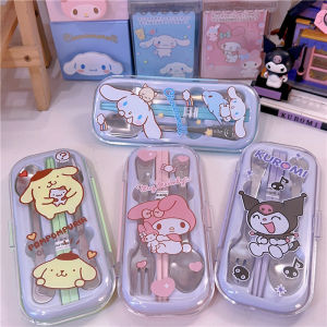 Sanrio New Cute Cartoon Tableware Elementary School Students New Stainless Steel Spoon Fork Chopsticks Set Box