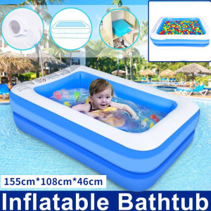 【With free Air Pump】155cm Childrens Family Inflatable Swimming Pool Rectangular Random Pattern Lounge Garden Backyard Safety Water Park Christmas Gift for Kid