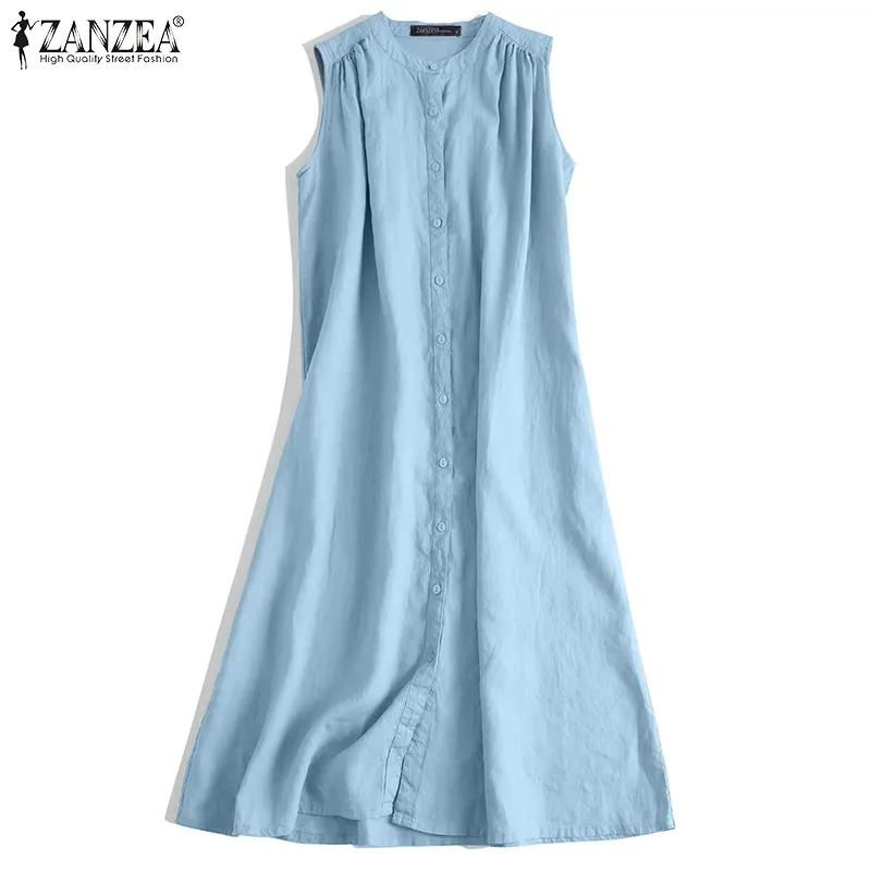 ZANZEA Women's Dresses Summer Casual Sleeveless Stand Neck Button Down  Solid Shirt Dress #2