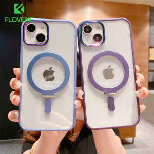 FLOVEME Magsafe Stand Holder Phone Case For iPhone 15 14 13 12 11 Pro Max 15 14 Plus Transparent Hybrid Acrylic Wireless Charging Shockproof Back Cover For iPhone 15 14 13 12 11