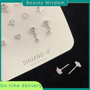 Beauty Wisdom 1Set Korea Cute Pink Heart Little Stud Earrings Sweet Cool Love Zircon Ear Studs Aesthetic Earrings Girl Jewelry Gift