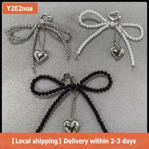 【Local shipping】 Delicate Beaded Key Chain Handmade Pearl Bow Shaped Pendant Keyring Heart Keychain Ornament Pearl Decoration For Bags Phones