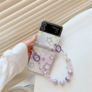 Cute Cartoon Case for Samsung Galaxy Z Flip 4 Samsung Z Flip 3 with Strap Fashion Women Case for Z Flip 4 with Metal Bling Bear and Love Pearl Wristband Case Girly Case for Z Flip 4