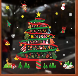 DECAL NOEL – Hít Tĩnh Điện Dán Kính Cây Thông Ruy Băng Nhiều Phụ Kiện-HYC-44(50*70CM)