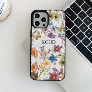 Custom Initials Flowers Brick Saffiano Vegan PU Leather PhoneCase for iphone 14 13 15 16 17 Pro Max 15 16Plus Case Luxury Cover