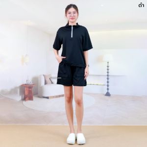 ชุดเซ็ทผู้หญิง 2 ชิ้น เสื้อคอปก เเขนสั้น มีซิปรูดปรับได้ กางเกงขาสั้น เอวยางยืด มีกระเป๋าพร้อมใช้งาน เนื้อผ้าวูลเวฟ c4433#