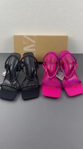 ZARA Black Light French High Heel Shoes Open Toe Thin Shoulder Strap Ankle Buckle Square Heel Sandals㏇X0415
